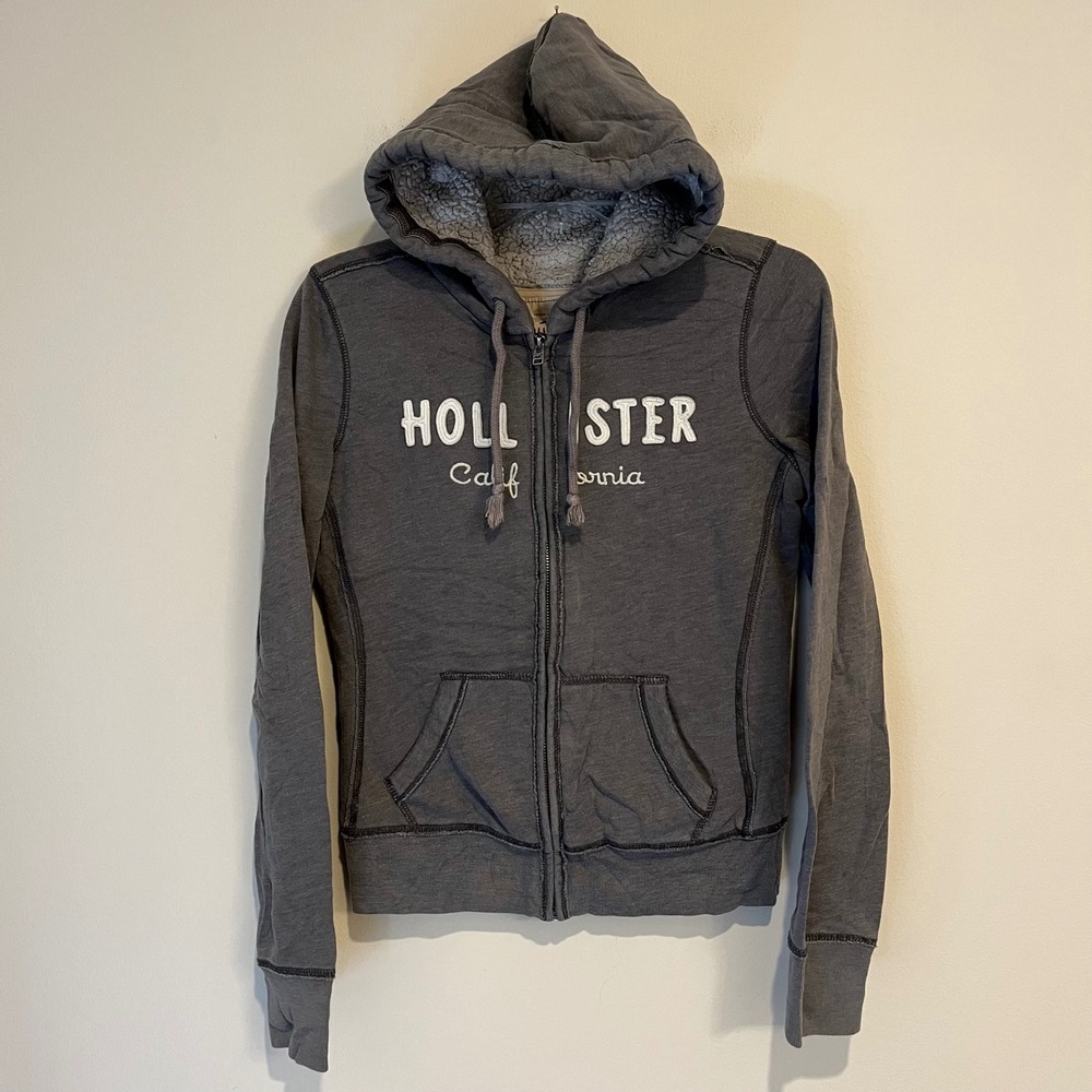 VTG Y2K Hollister Hoodie Sweatshirt Full Zip Fleece Sherpa Lined Gray Size Small - Picture 1 of 5